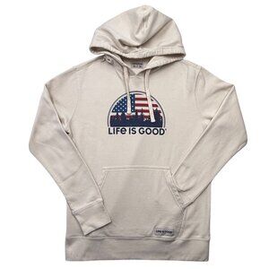 Life is Good American Flag Trees Graphic Hoodie Patriotic USA Forest Cream Men M